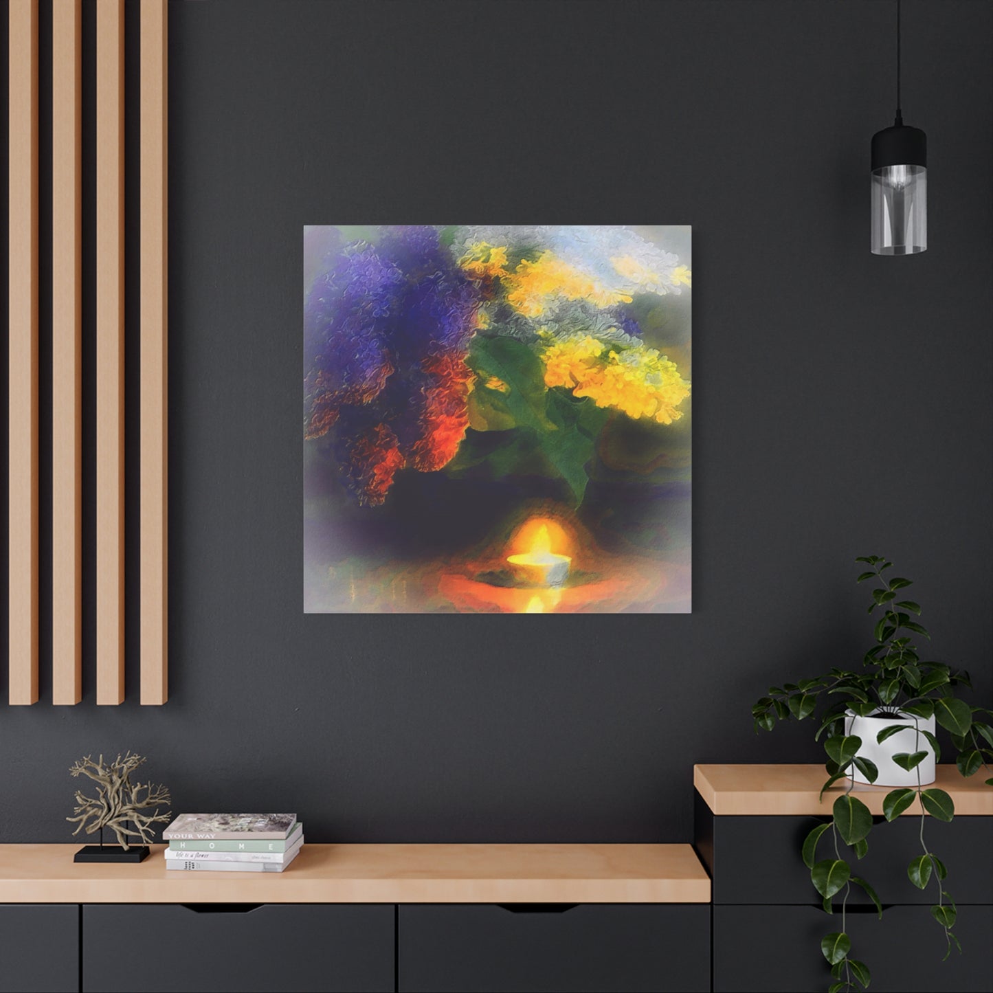 Lilacs Bouquet Illuminated By A Candle Art Print, Purple, Yellow, Gold Wall Décor