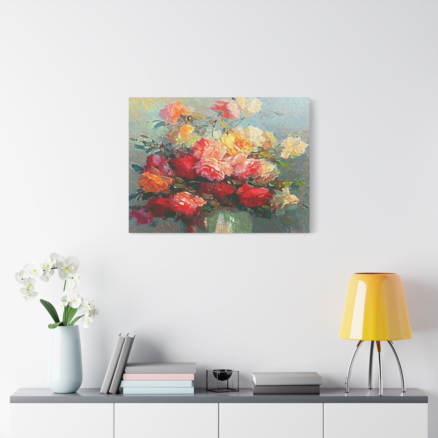 Roses Bouquet Canvas Wall Art Abstract Red Pink Yellow Morning