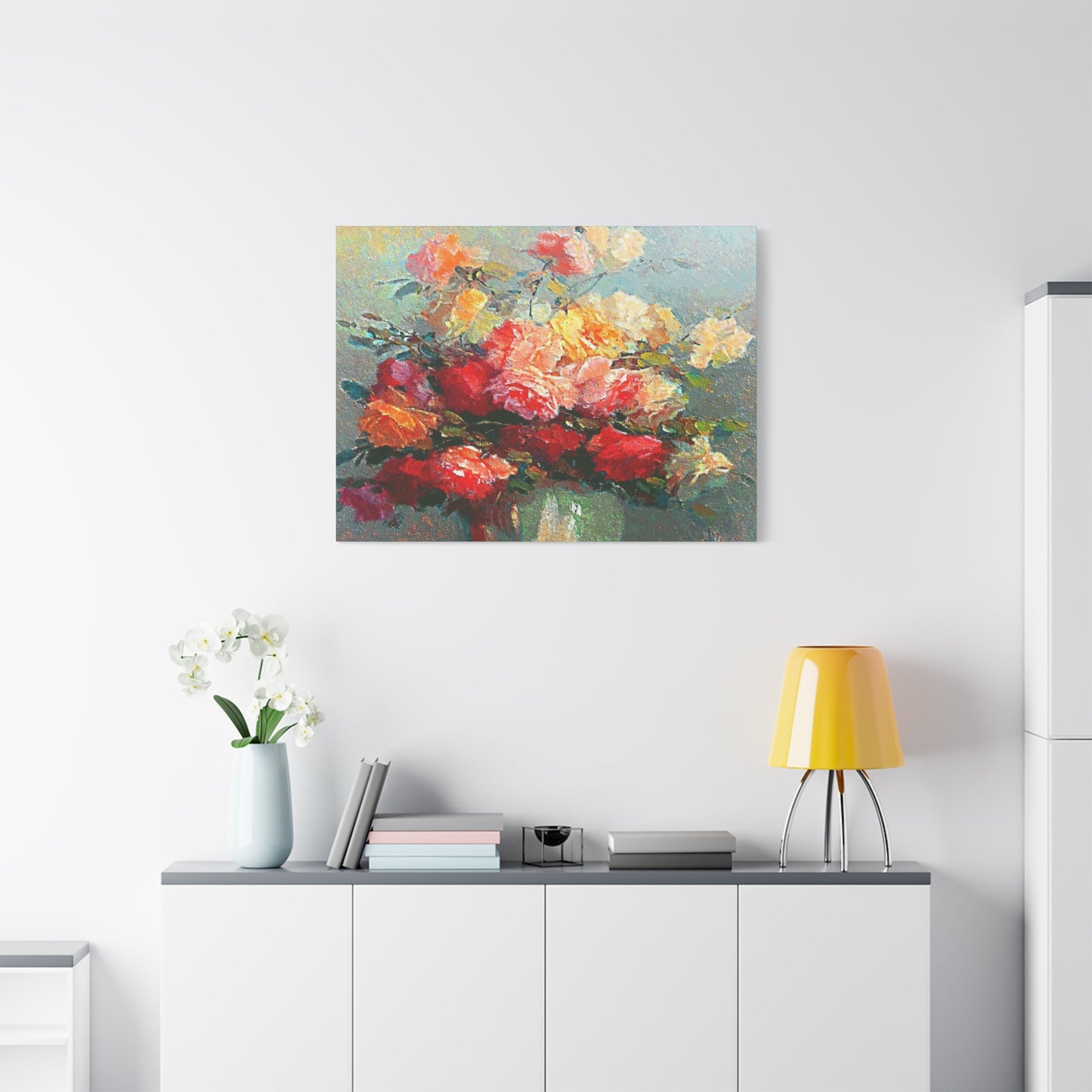 Roses Bouquet Canvas Wall Art Abstract Red Pink Yellow Morning