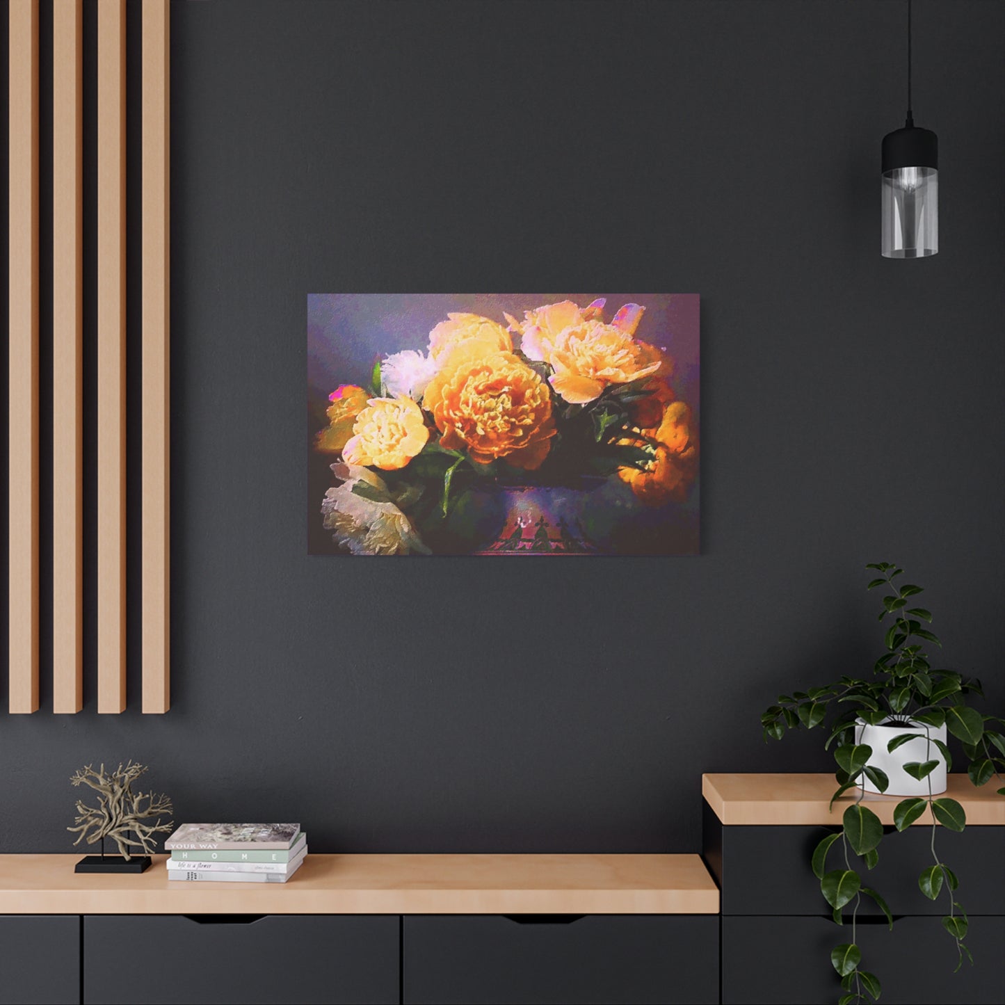 Peonies Bouquet Stretched Canvas Wall Art Abstract Yellow Purple Morning