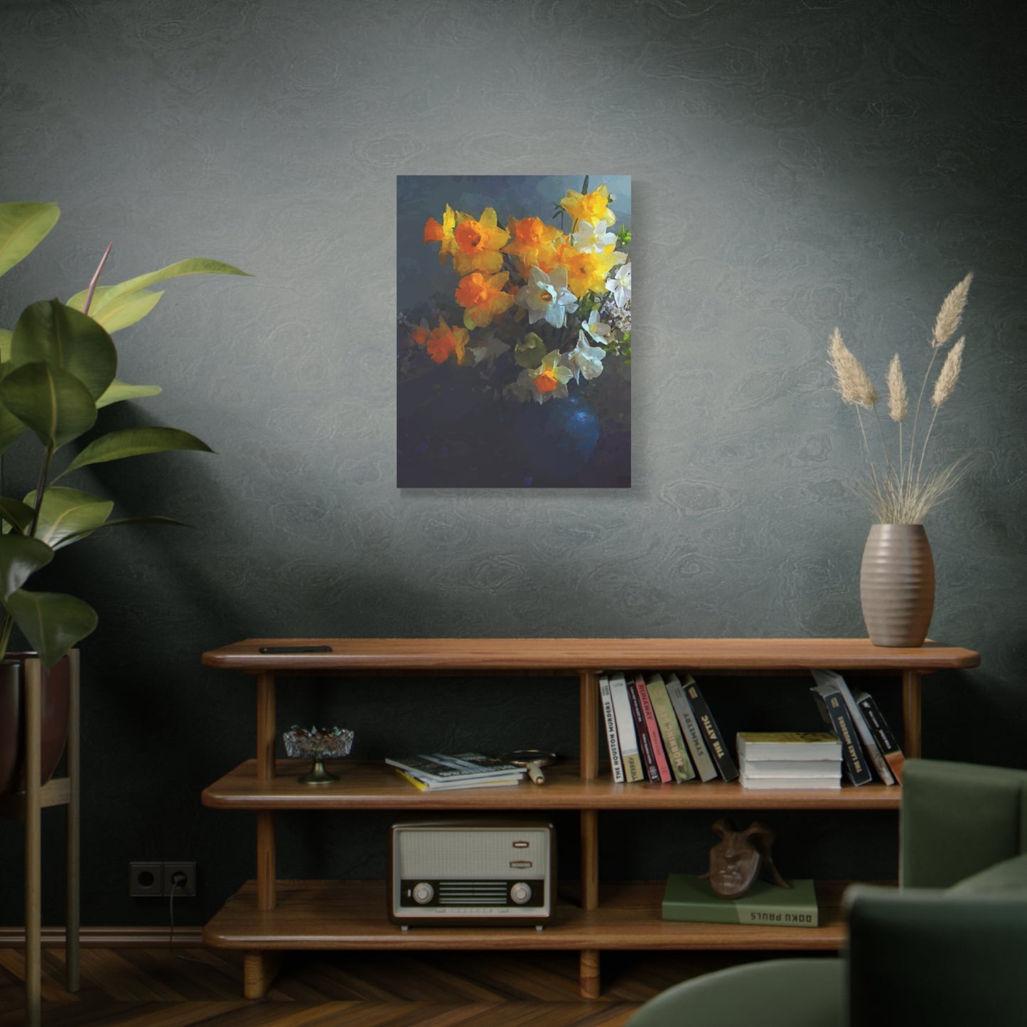 Daffodils Flower Bouquet Canvas Wall Art Abstract Yellow White Blue