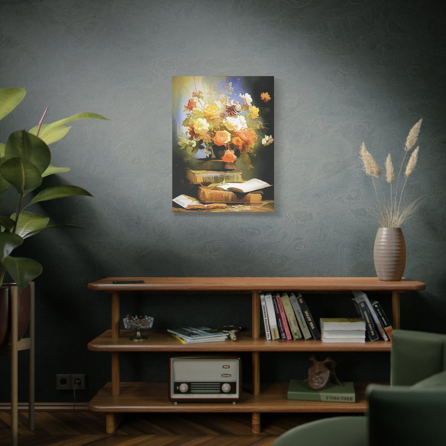 Books and Bouquet of Roses Flowers Art Print Stretched Canvas Wall Décor