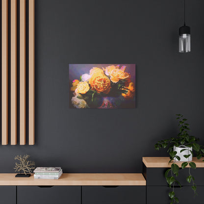 Peonies Bouquet Stretched Canvas Wall Art Abstract Yellow Purple Morning