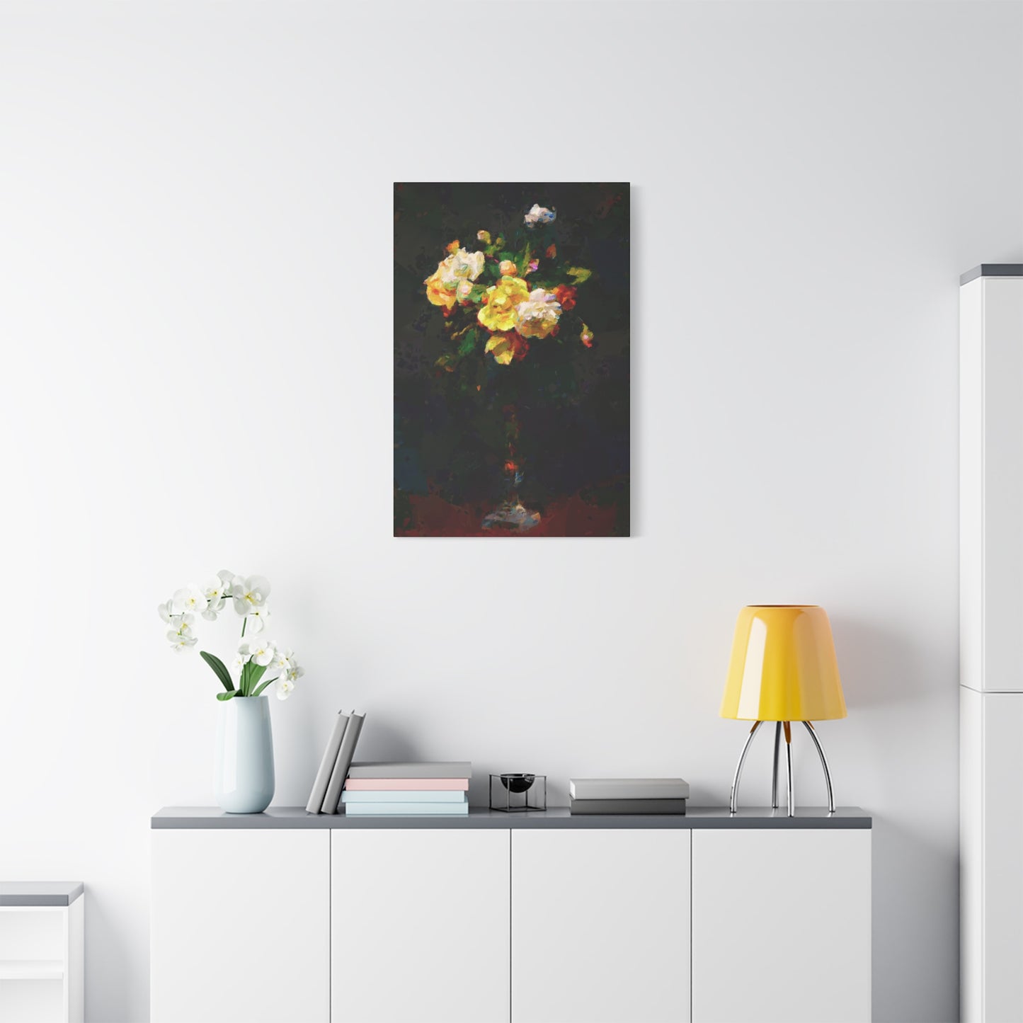 Roses Bouquet Tall Vase Vertical Canvas Wall Art Yellow White Night Atmosphere