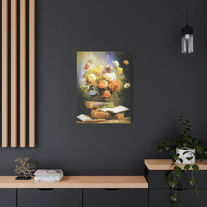 Books and Bouquet of Roses Flowers Art Print Stretched Canvas Wall Décor
