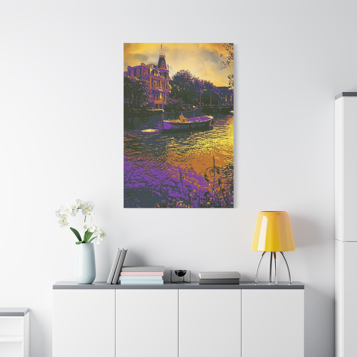European Cityscape Amsterdam Art Print Canvas Stretched Wall Decor Abstract Purple Gold