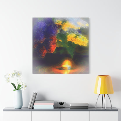 Lilacs Bouquet Illuminated By A Candle Art Print, Purple, Yellow, Gold Wall Décor