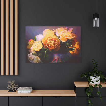 Peonies Bouquet Stretched Canvas Wall Art Abstract Yellow Purple Morning