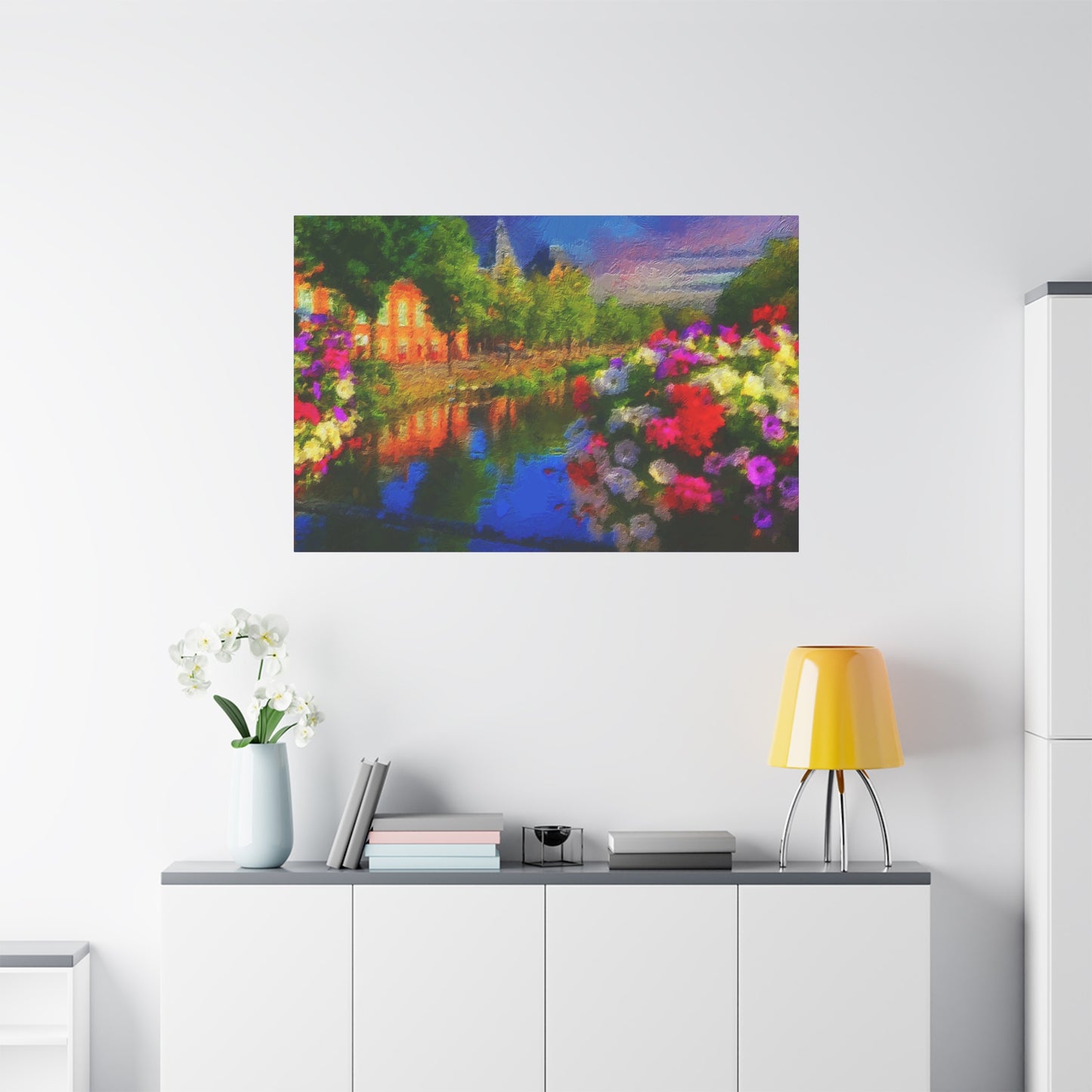 Amsterdam View From The Bridge Art Print Stretched Canvas Cityscape Wall Décor Blue Green Orange