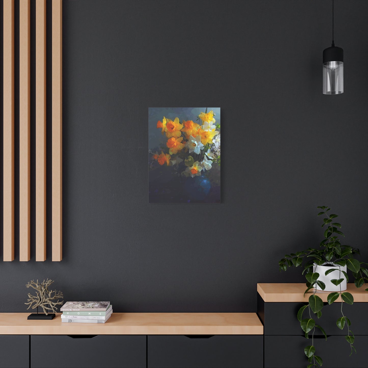 Daffodils Flower Bouquet Canvas Wall Art Abstract Yellow White Blue