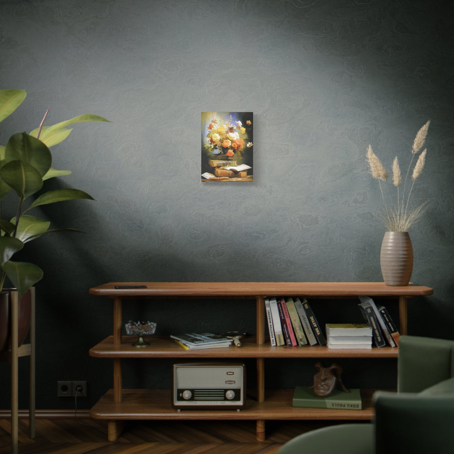 Books and Bouquet of Roses Flowers Art Print Stretched Canvas Wall Décor