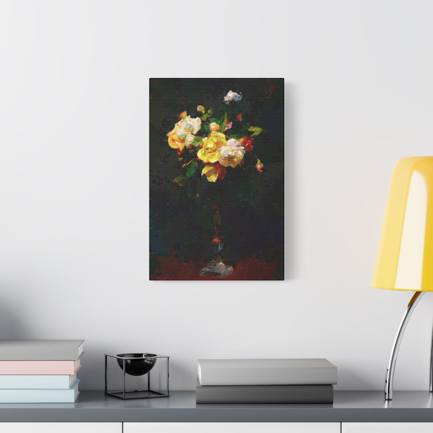 Roses Bouquet Tall Vase Vertical Canvas Wall Art Yellow White Night Atmosphere