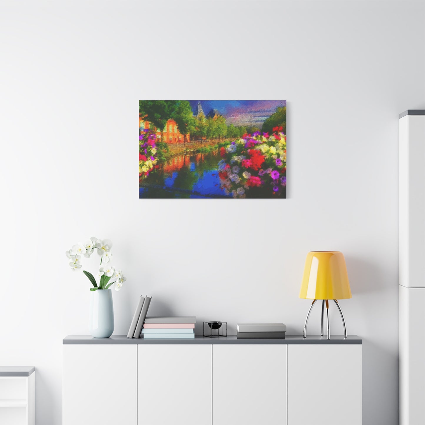 Amsterdam View From The Bridge Art Print Stretched Canvas Cityscape Wall Décor Blue Green Orange