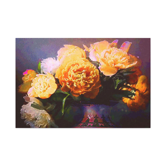 Peonies Bouquet Stretched Canvas Wall Art Abstract Yellow Purple Morning