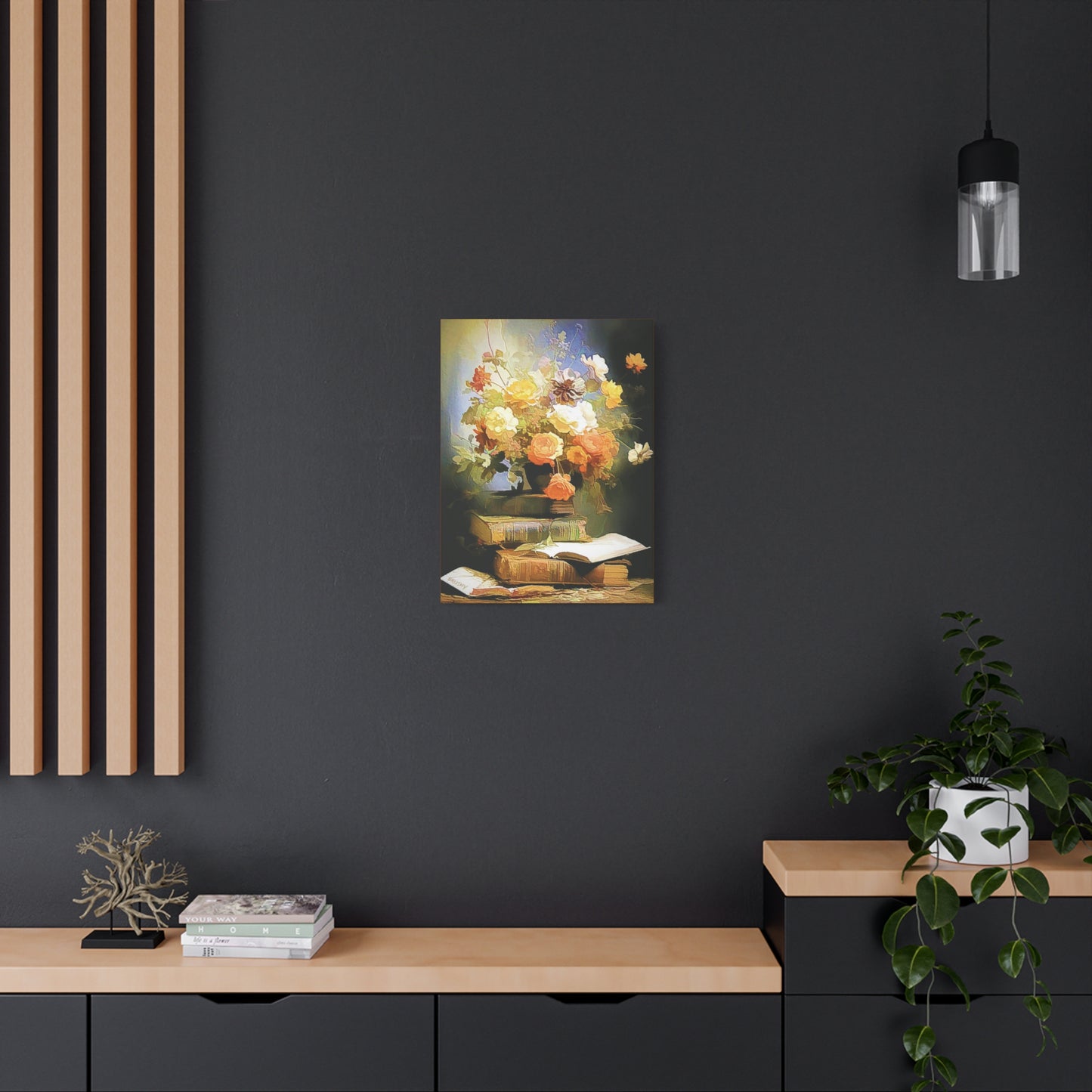 Books and Bouquet of Roses Flowers Art Print Stretched Canvas Wall Décor