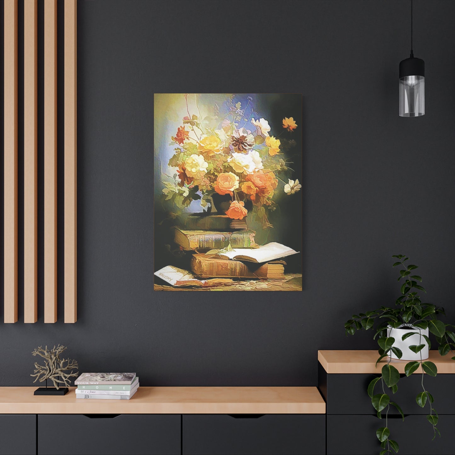 Books and Bouquet of Roses Flowers Art Print Stretched Canvas Wall Décor