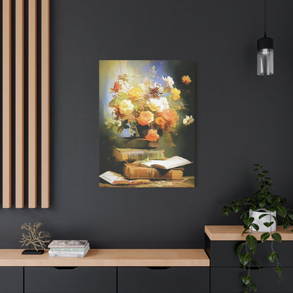 Books and Bouquet of Roses Flowers Art Print Stretched Canvas Wall Décor