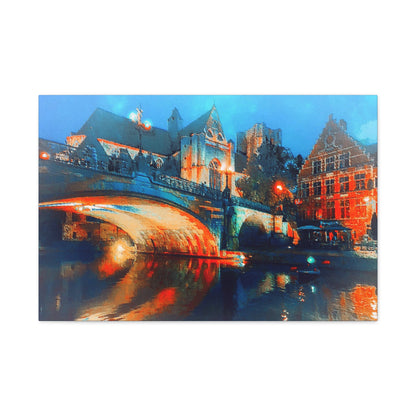 Urban Landscape Ghent Belgium Canvas Wall Art Home Decor Blue Orange River