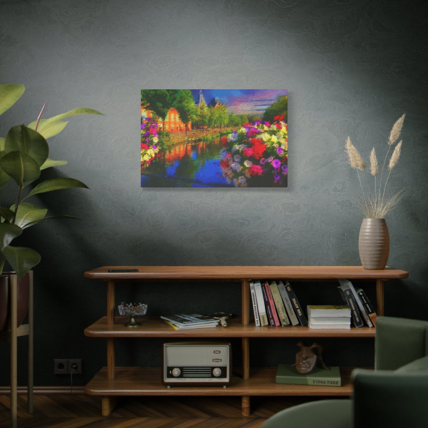 Amsterdam View From The Bridge Art Print Stretched Canvas Cityscape Wall Décor Blue Green Orange