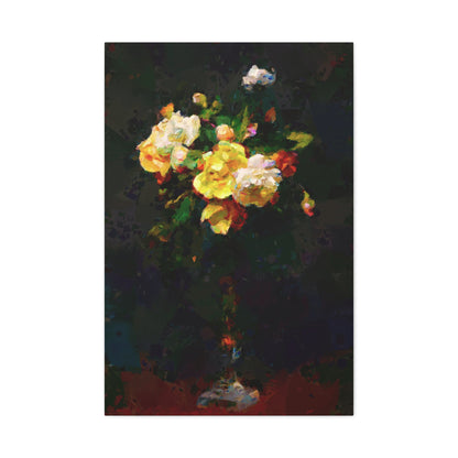 Roses Bouquet Tall Vase Vertical Canvas Wall Art Yellow White Night Atmosphere