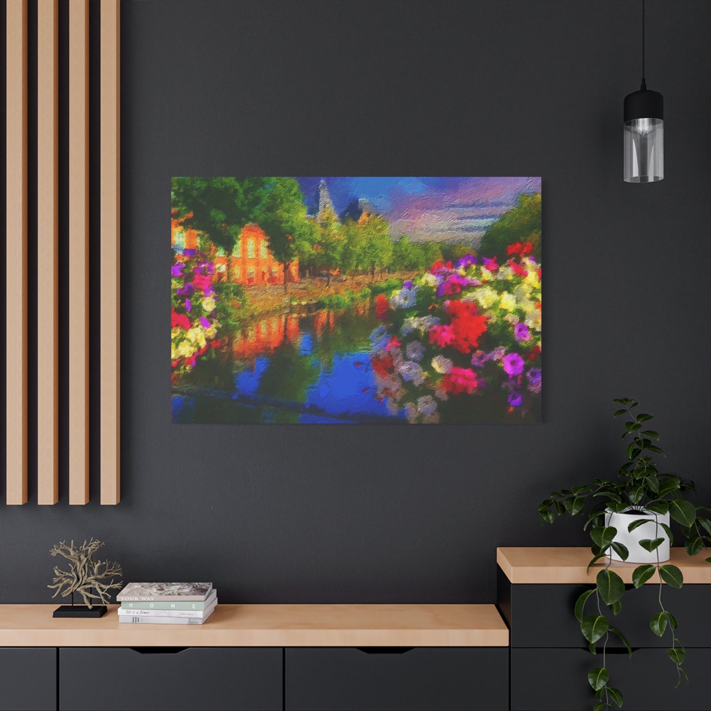 Amsterdam View From The Bridge Art Print Stretched Canvas Cityscape Wall Décor Blue Green Orange