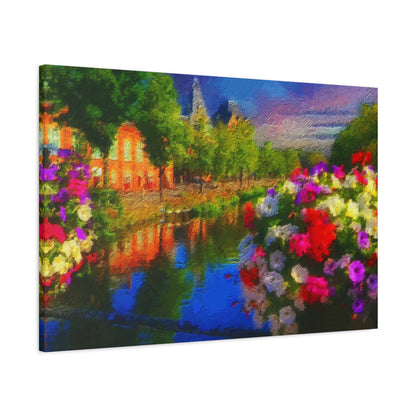 Amsterdam View From The Bridge Art Print Stretched Canvas Cityscape Wall Décor Blue Green Orange