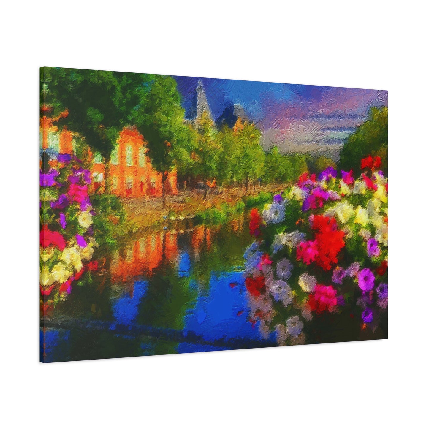 Amsterdam View From The Bridge Art Print Stretched Canvas Cityscape Wall Décor Blue Green Orange