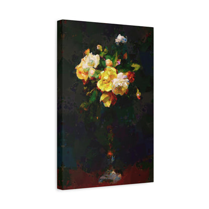 Roses Bouquet Tall Vase Vertical Canvas Wall Art Yellow White Night Atmosphere