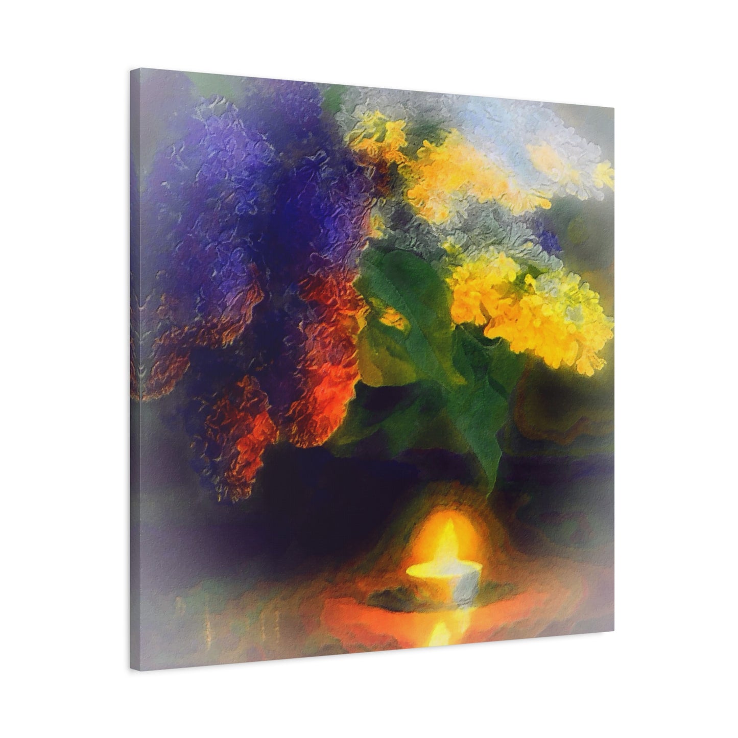 Lilacs Bouquet Illuminated By A Candle Art Print, Purple, Yellow, Gold Wall Décor