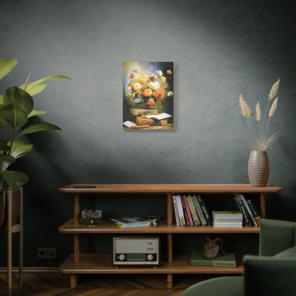 Books and Bouquet of Roses Flowers Art Print Stretched Canvas Wall Décor