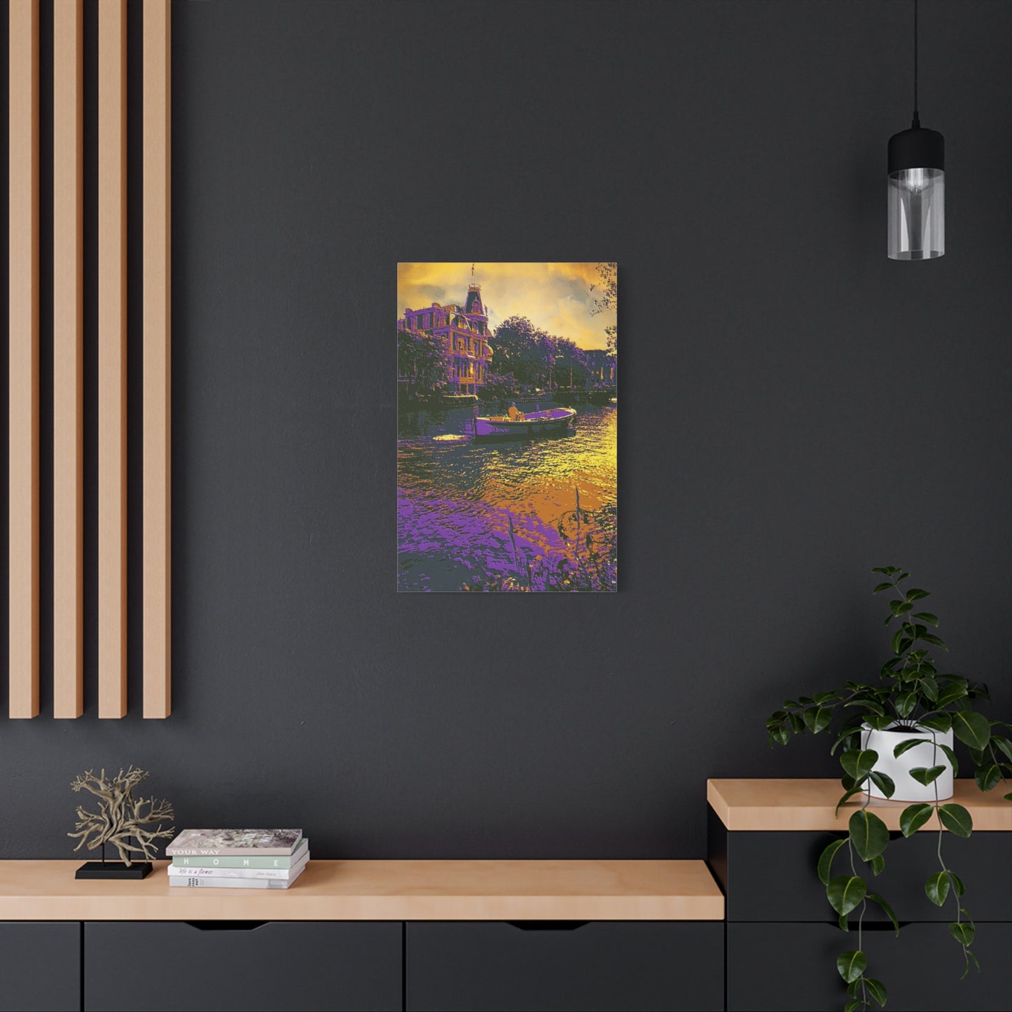 European Cityscape Amsterdam Art Print Canvas Stretched Wall Decor Abstract Purple Gold