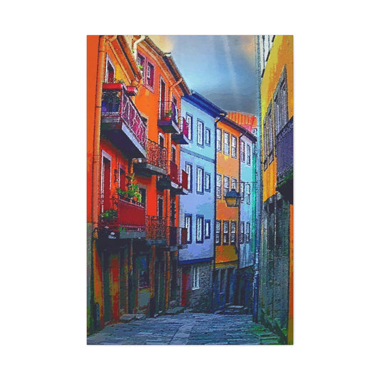 Colorful Street Porto Portugal Europe Wall Art Stretched Canvas Urban Landscape Orange Blue