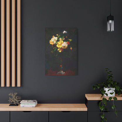 Roses Bouquet Tall Vase Vertical Canvas Wall Art Yellow White Night Atmosphere