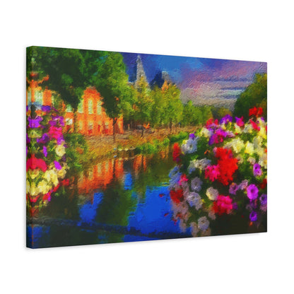Amsterdam View From The Bridge Art Print Stretched Canvas Cityscape Wall Décor Blue Green Orange