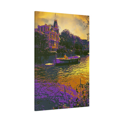 European Cityscape Amsterdam Art Print Canvas Stretched Wall Decor Abstract Purple Gold