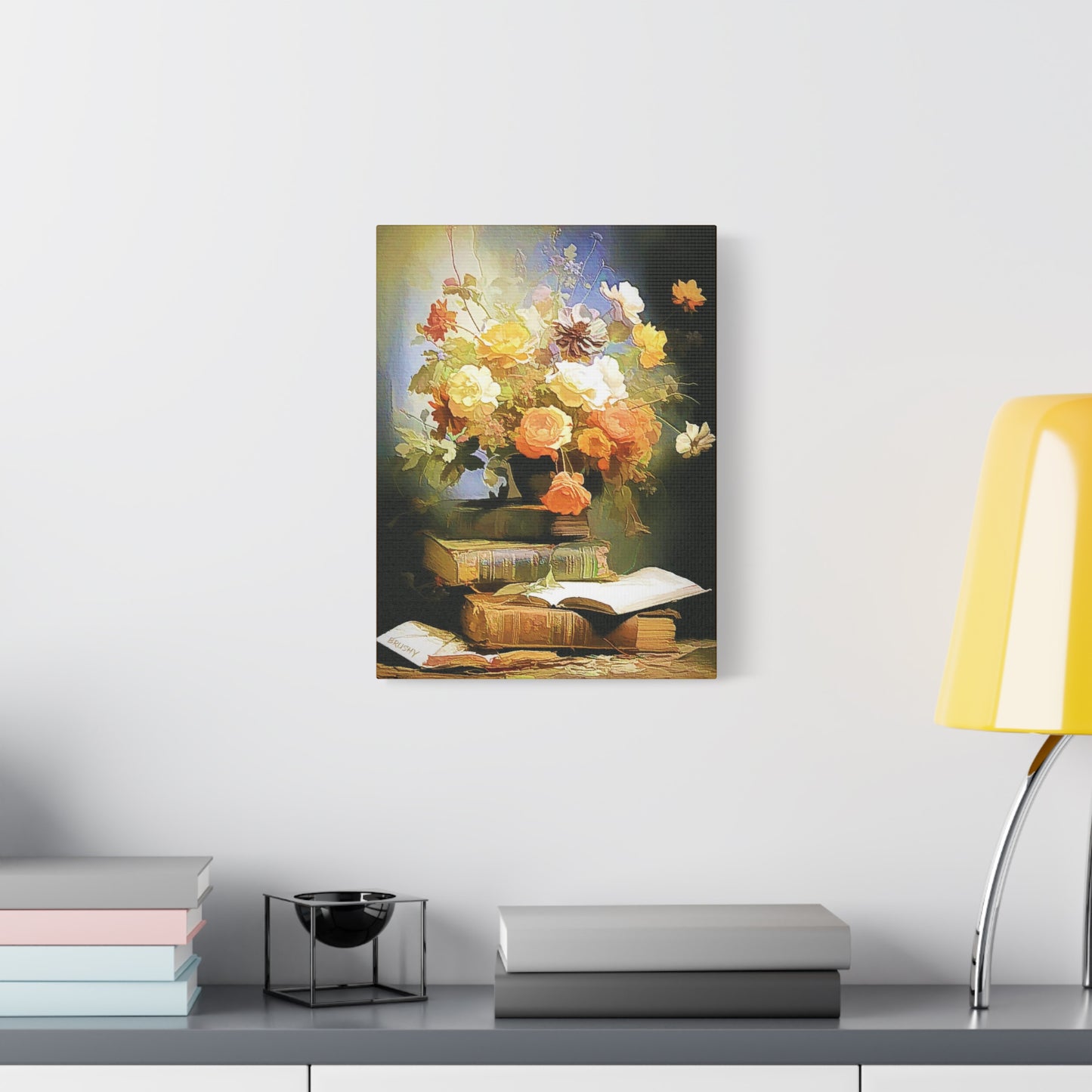 Books and Bouquet of Roses Flowers Art Print Stretched Canvas Wall Décor