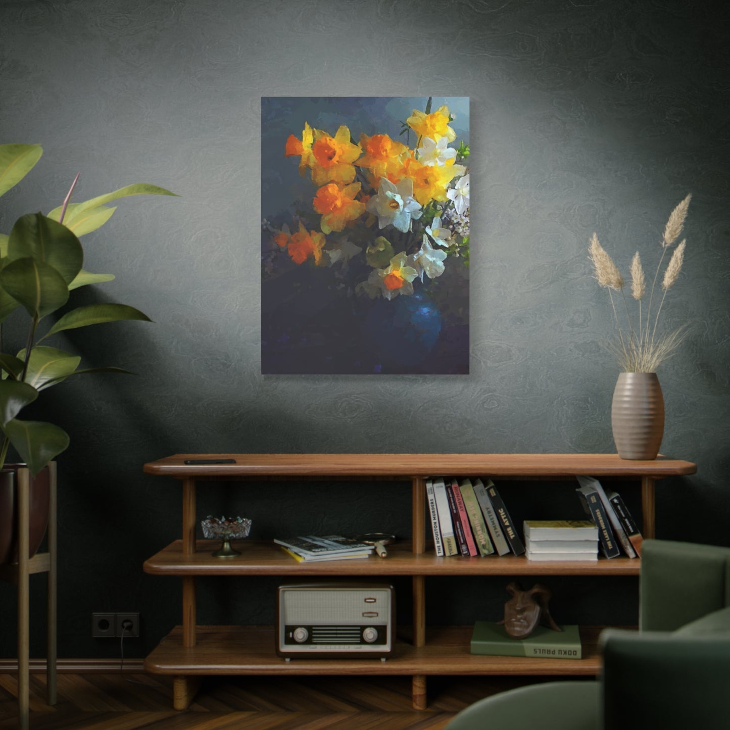 Daffodils Flower Bouquet Canvas Wall Art Abstract Yellow White Blue