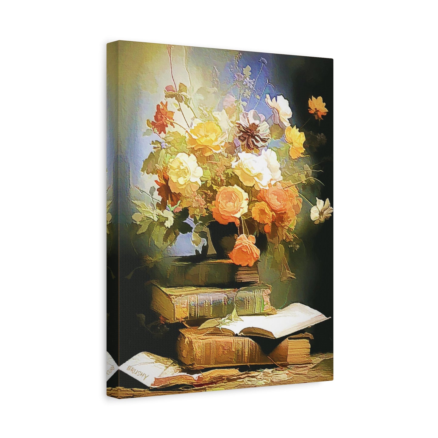 Books and Bouquet of Roses Flowers Art Print Stretched Canvas Wall Décor
