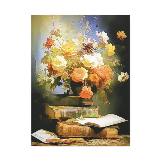 Books and Bouquet of Roses Flowers Art Print Stretched Canvas Wall Décor