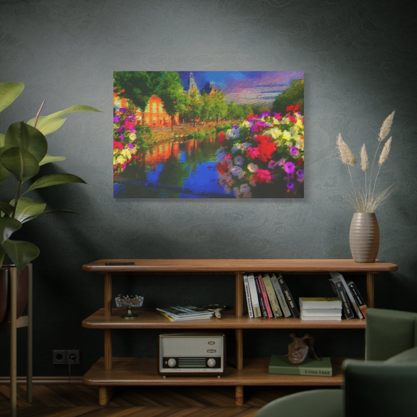 Amsterdam View From The Bridge Art Print Stretched Canvas Cityscape Wall Décor Blue Green Orange
