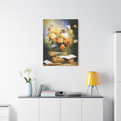 Books and Bouquet of Roses Flowers Art Print Stretched Canvas Wall Décor