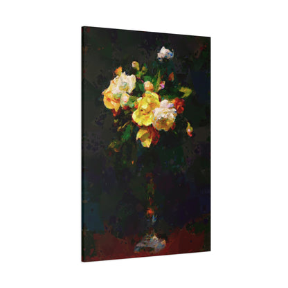 Roses Bouquet Tall Vase Vertical Canvas Wall Art Yellow White Night Atmosphere