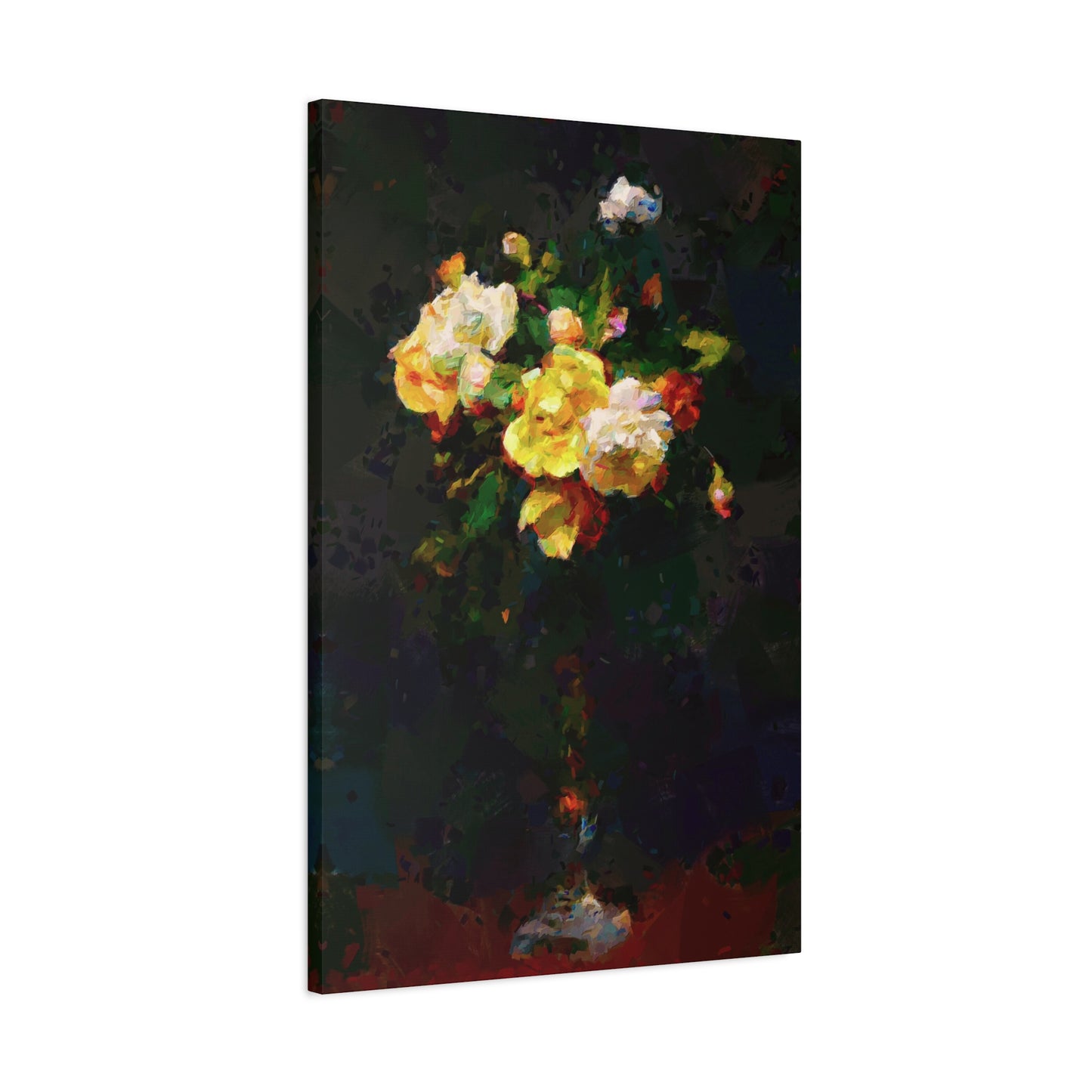 Roses Bouquet Tall Vase Vertical Canvas Wall Art Yellow White Night Atmosphere