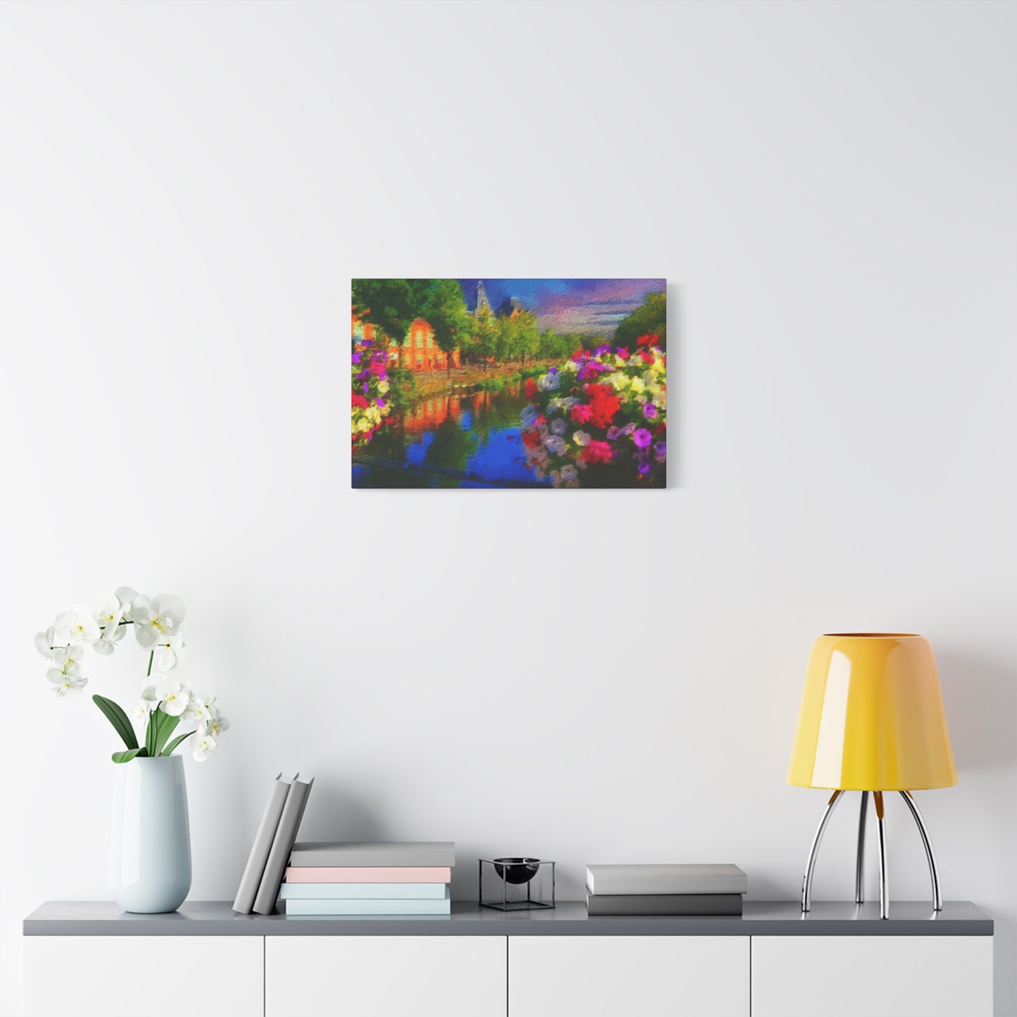 Amsterdam View From The Bridge Art Print Stretched Canvas Cityscape Wall Décor Blue Green Orange