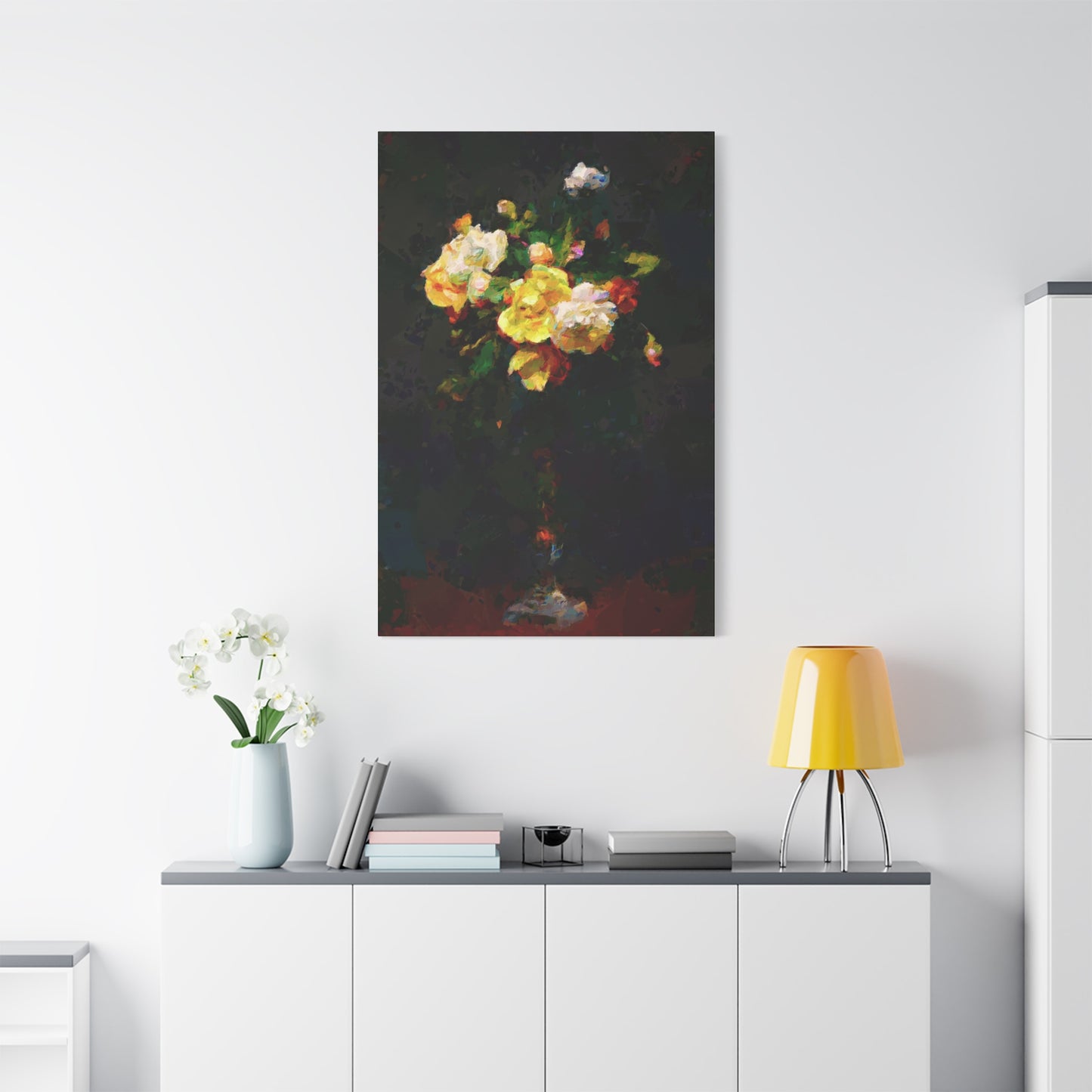 Roses Bouquet Tall Vase Vertical Canvas Wall Art Yellow White Night Atmosphere