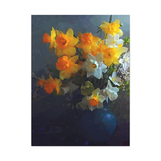 Daffodils Flower Bouquet Canvas Wall Art Abstract Yellow White Blue