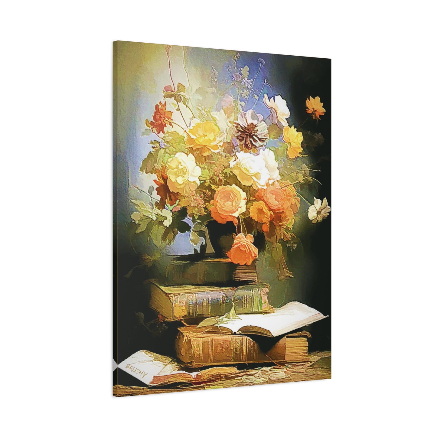 Books and Bouquet of Roses Flowers Art Print Stretched Canvas Wall Décor