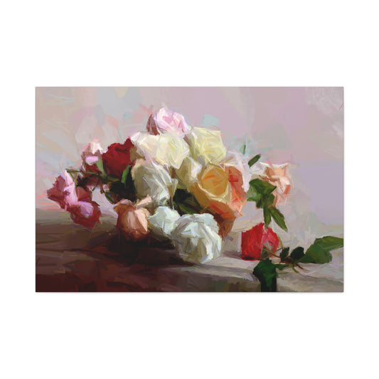 Bouquet Of Roses Art Print Stretched Canvas Pink Red White