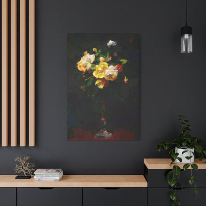 Roses Bouquet Tall Vase Vertical Canvas Wall Art Yellow White Night Atmosphere