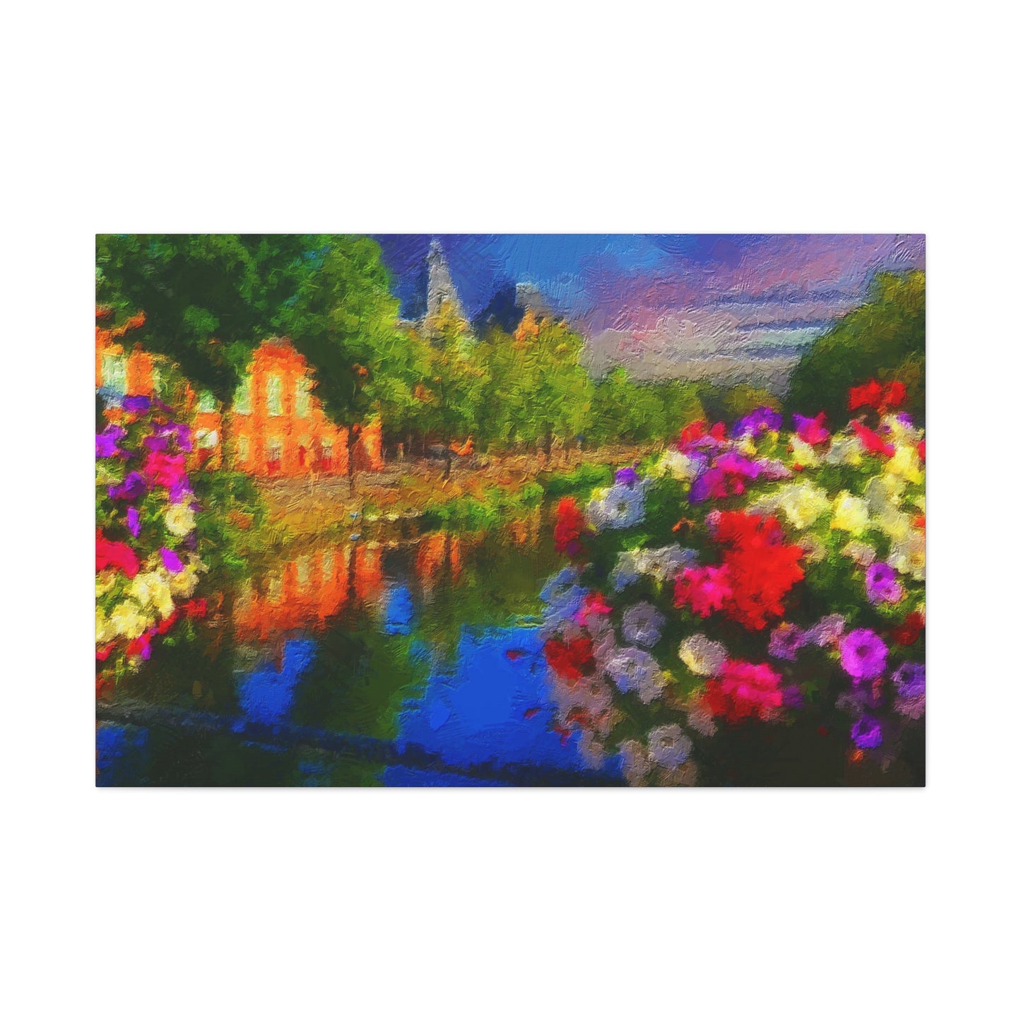 Amsterdam View From The Bridge Art Print Stretched Canvas Cityscape Wall Décor Blue Green Orange